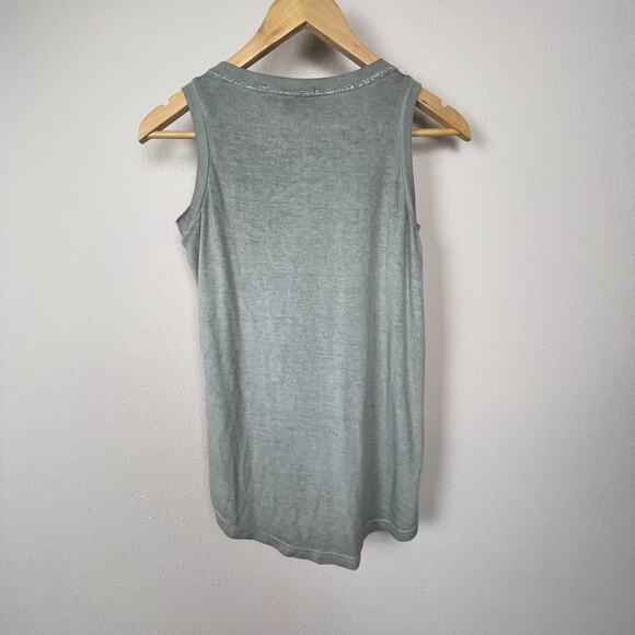 Flora Ashley XS Olive Green Tank Top Painted‎ Trim High Low Mixed Media - Picture 2 of 6